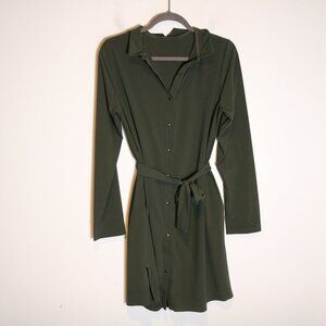 Aday Back To Front Shirt Dress Womens Medium Green Tie Waist Stretch Long Sleeve